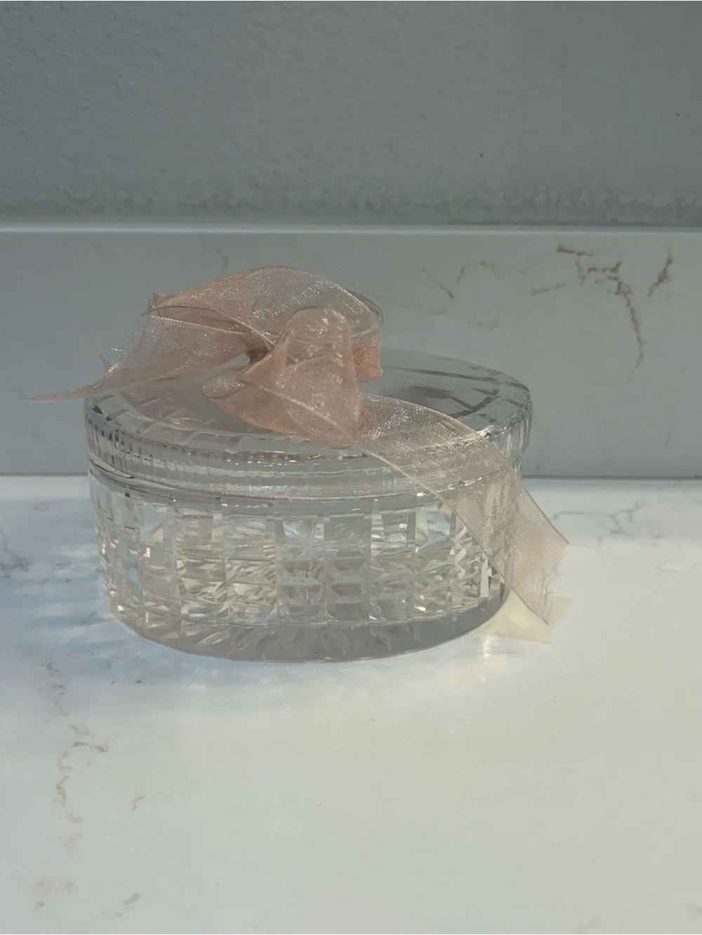 Crystal Glass Trinket Lidded Box intricate faceted panels with Pale Pink Ribbon